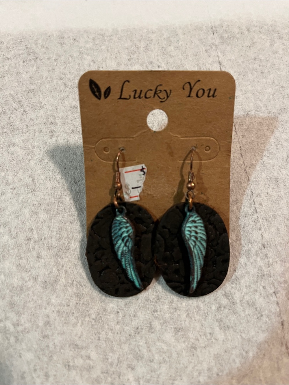 Earrings Women Copper Wings on Leather “Lucky You” 2” Including Copper Hooks NWT